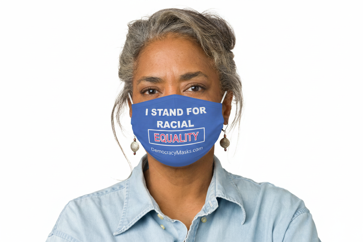 Woman wearing EQUALITY-B mask