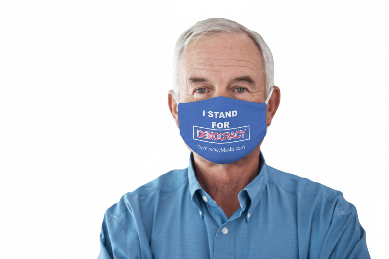 Man wearing DEMOCRACY-B mask