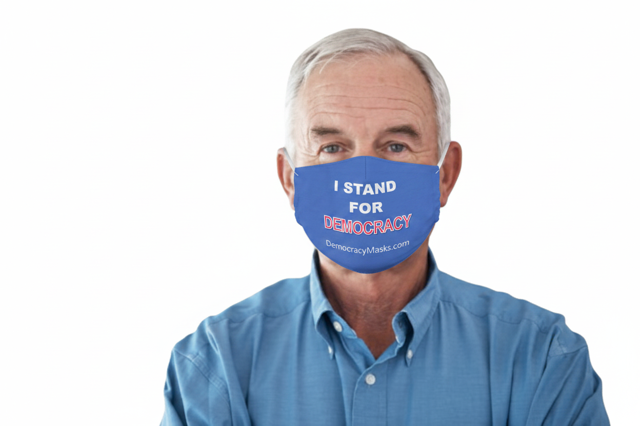 Man wearing DEMOCRACY-C mask