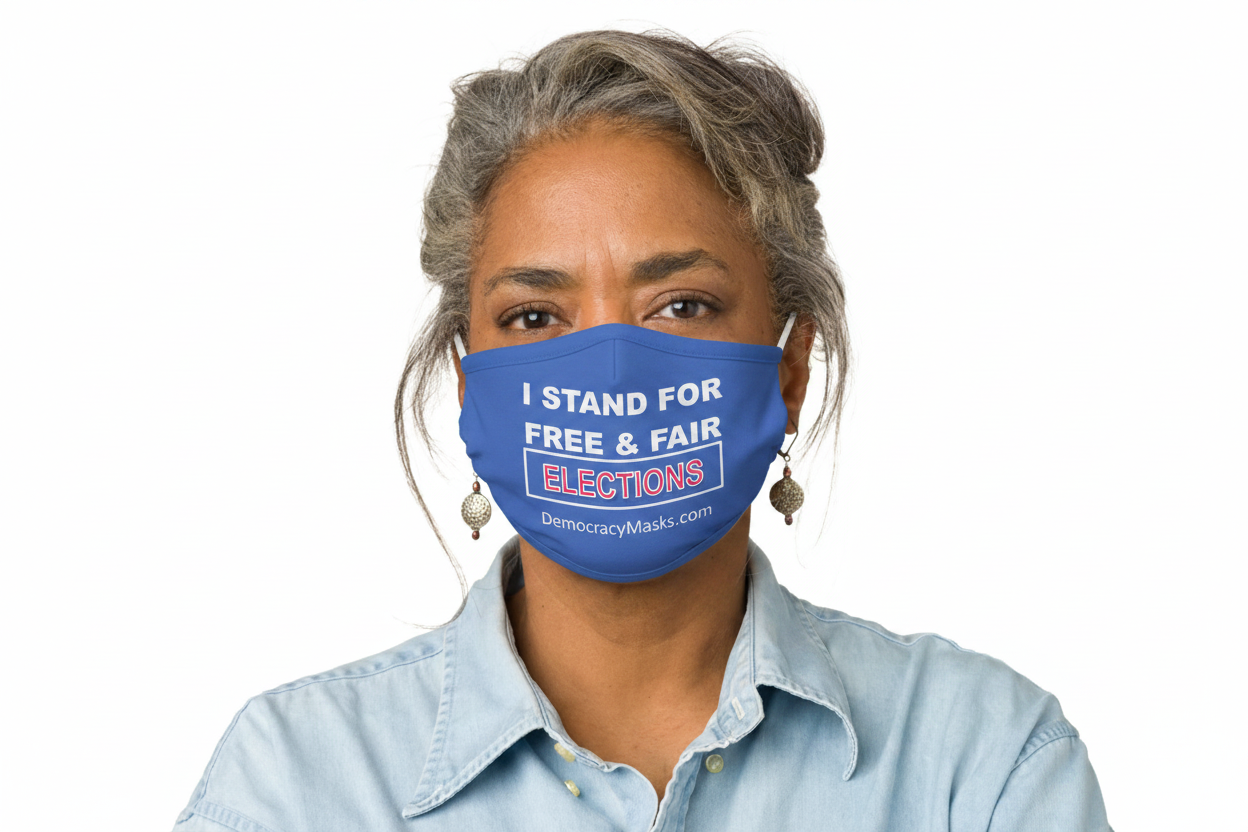 Woman wearing ELECTIONS-B mask