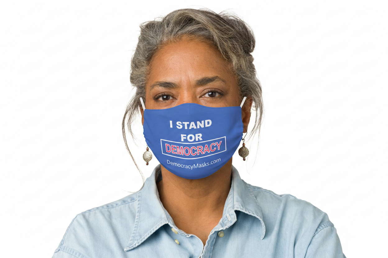 Woman wearing DEMOCRACY-B mask