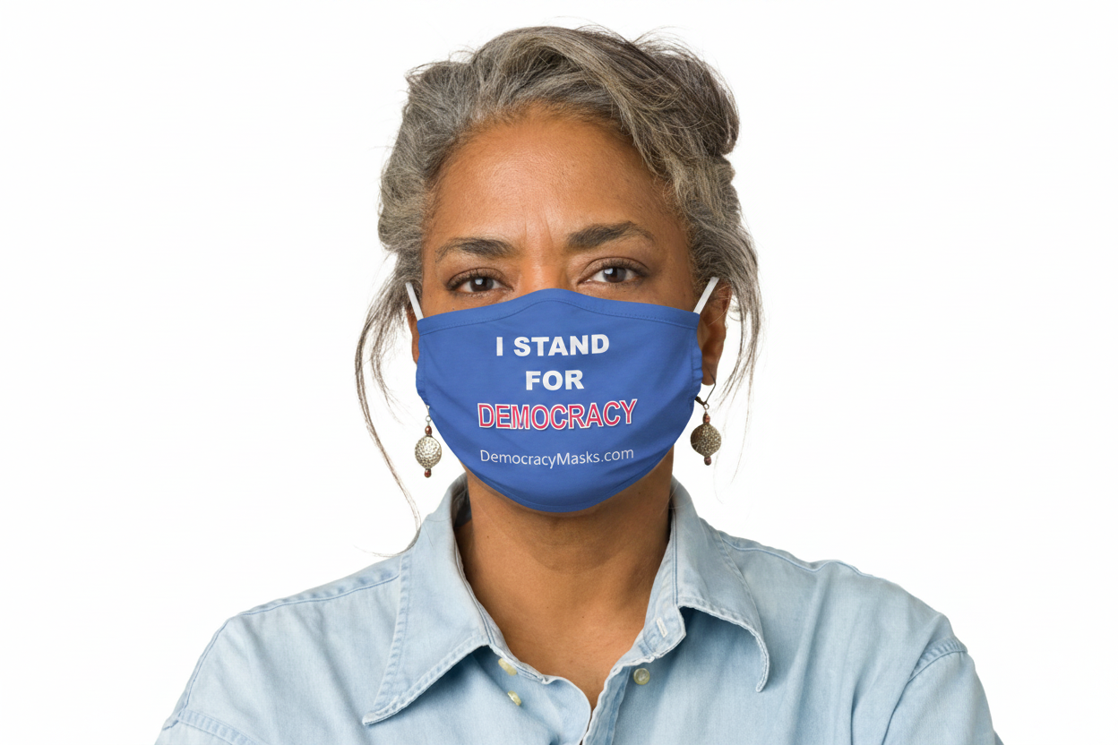 Woman wearing DEMOCRACY-C mask
