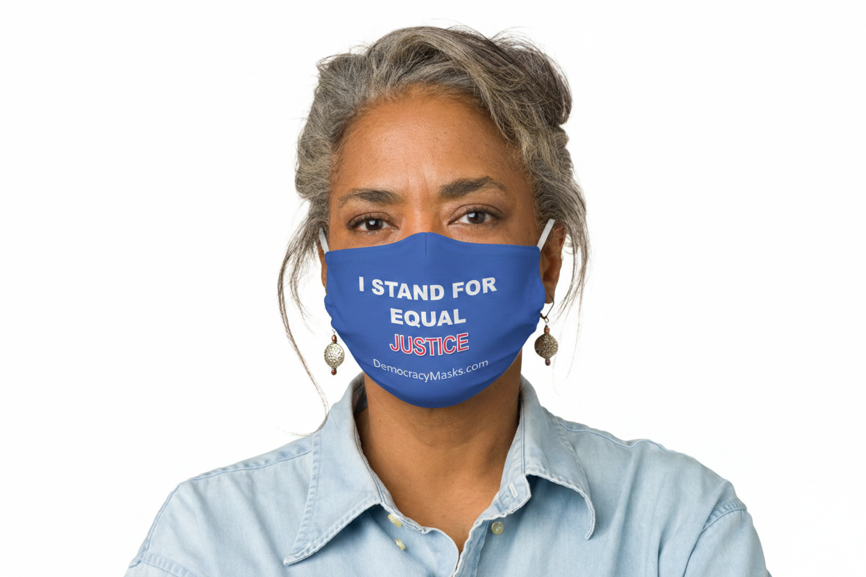 Woman wearing JUSTICE-C mask