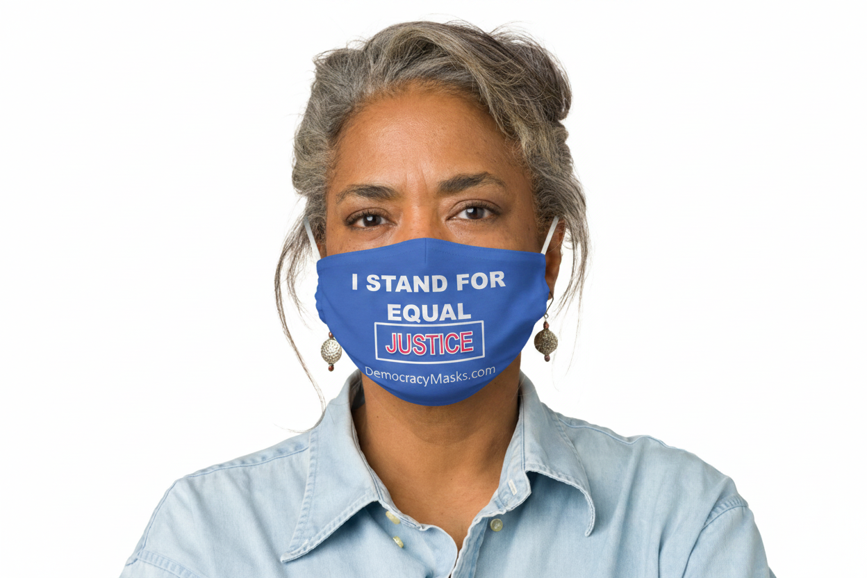 Woman wearing JUSTICE-B mask