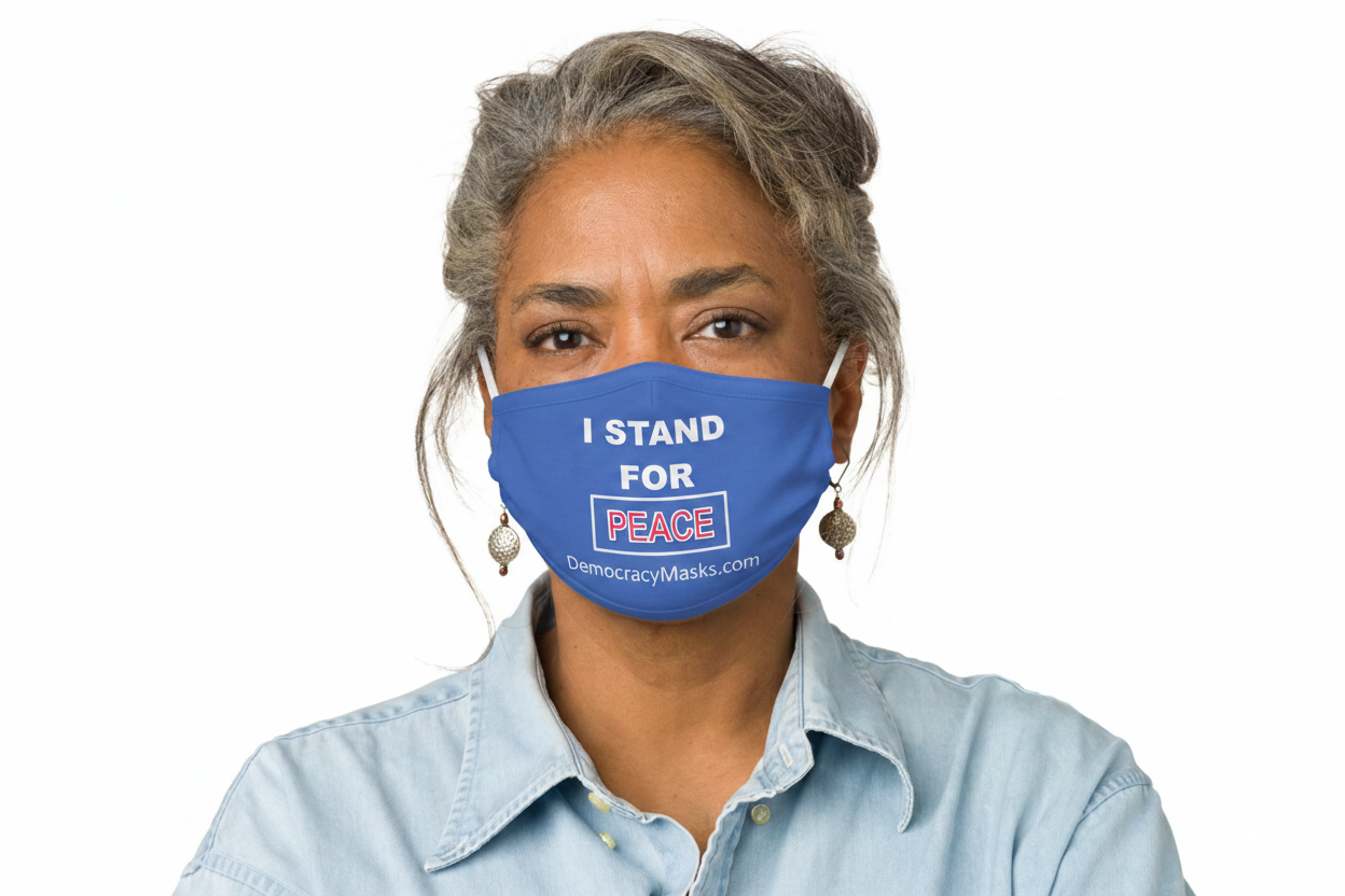 Woman wearing PEACE-B mask